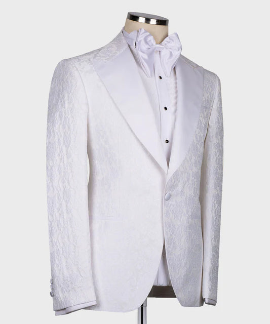 Full White Textured Pointed Collar Tuxedo