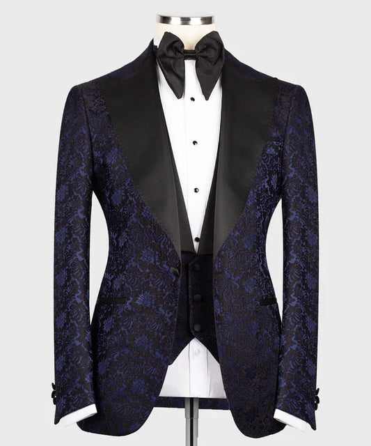 Floral Blue & Black Pointed Collar Tuxedo – Bold Texture