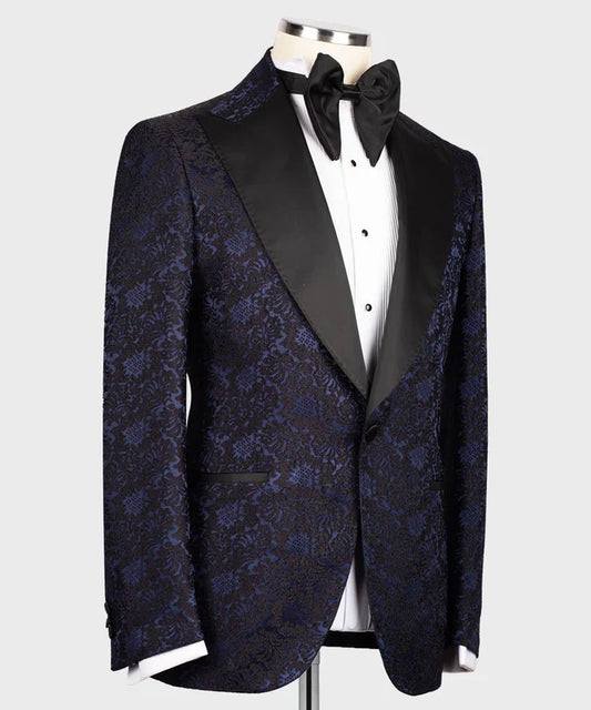 Floral Blue & Black Pointed Collar Tuxedo – Bold Texture