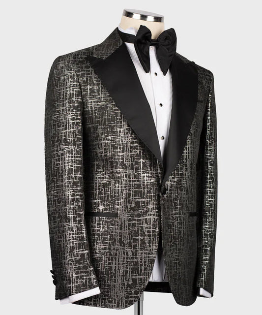 Black Scratch-Texture Tuxedo with Shawl Lapel