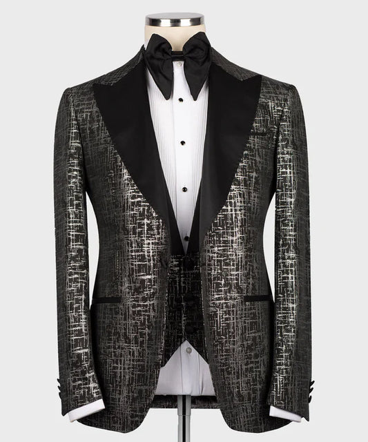Black Scratch-Texture Tuxedo with Shawl Lapel