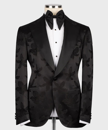 Black Floral Pointed Collar Tuxedo – Bold Texture