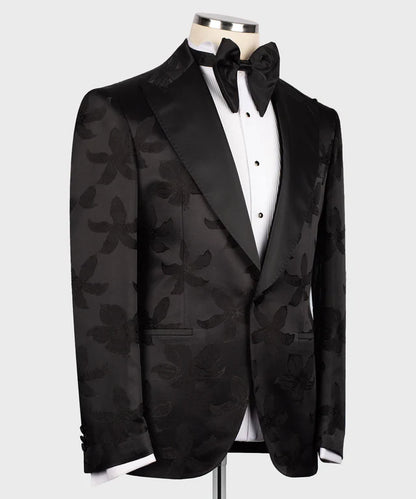 Black Floral Pointed Collar Tuxedo – Bold Texture