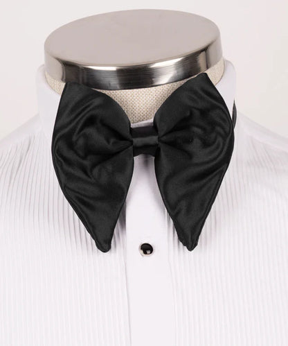 KOSS ATELIER Black Glitter Classic Tuxedo bow tie on white pleated tux shirt with black stud button