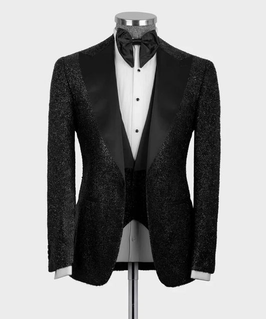 KOSS ATELIER Black Glitter Classic Tuxedo on mannequin with satin shawl lapel and bow tie