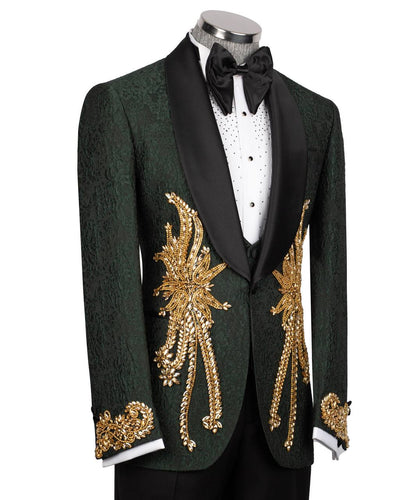 KOSS ATELIER green tuxedo with gold embroidery textured dark green jacket with black shawl lapel and bow tie