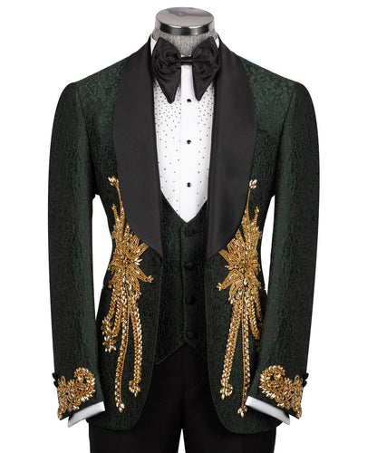 KOSS ATELIER green tuxedo with gold embroidery black satin shawl lapel ornate gold embellishments on pockets and cuffs