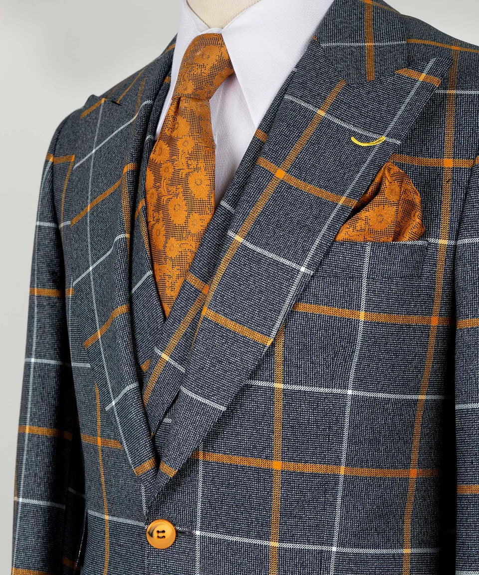 KOSS ATELIER grey orange windowpane suit three piece wool suit with orange tie and pocket square