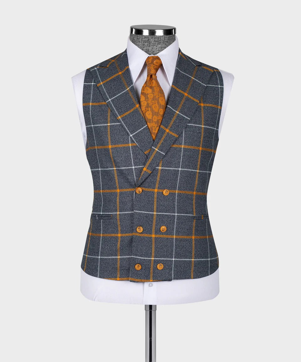 KOSS ATELIER grey orange windowpane suit double breasted waistcoat on mannequin with orange tie