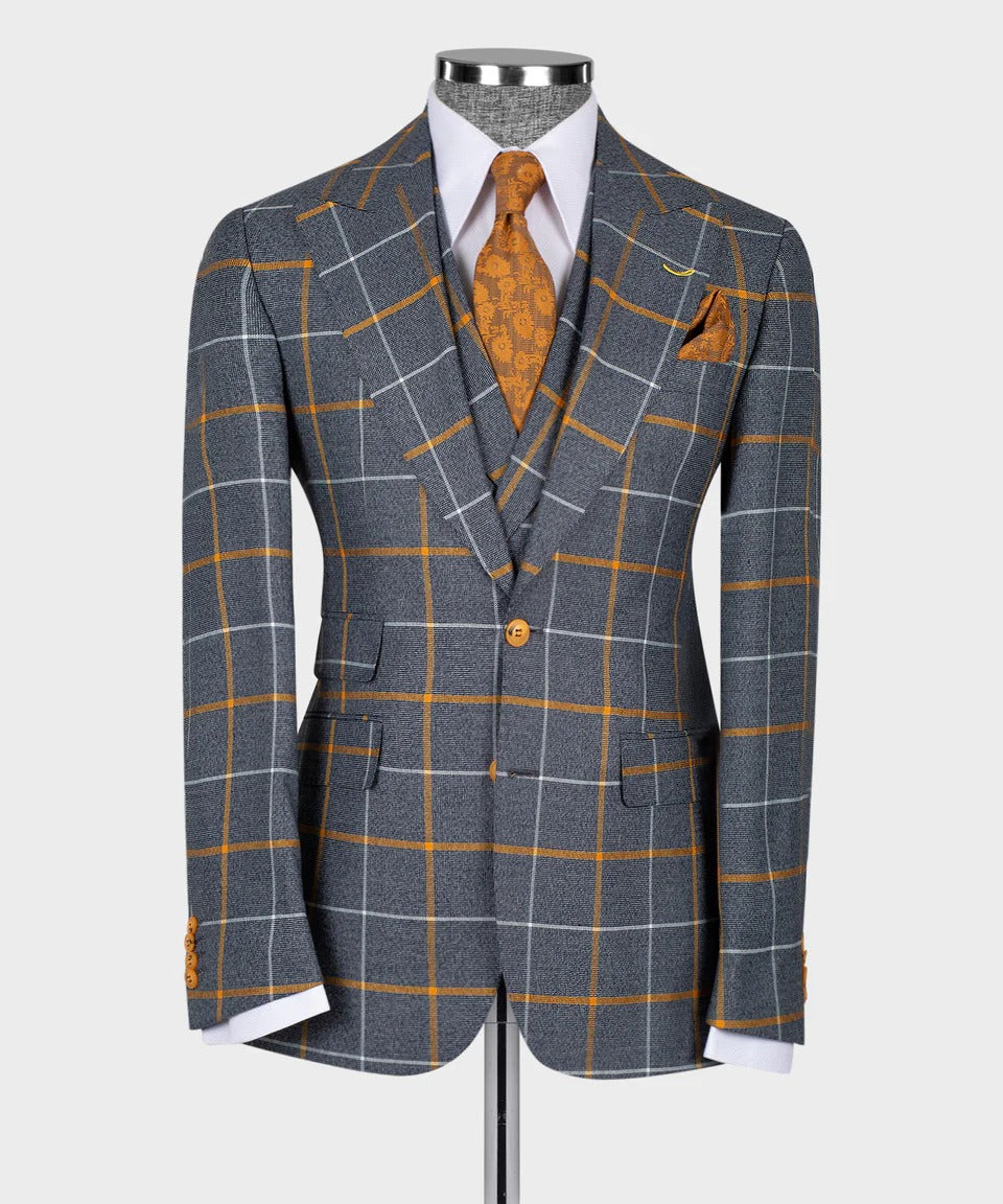grey orange windowpane suit three piece tailored jacket and waistcoat with white shirt and orange tie