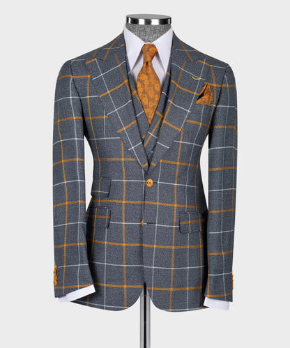 grey orange windowpane suit three piece tailored jacket and waistcoat with white shirt and orange tie