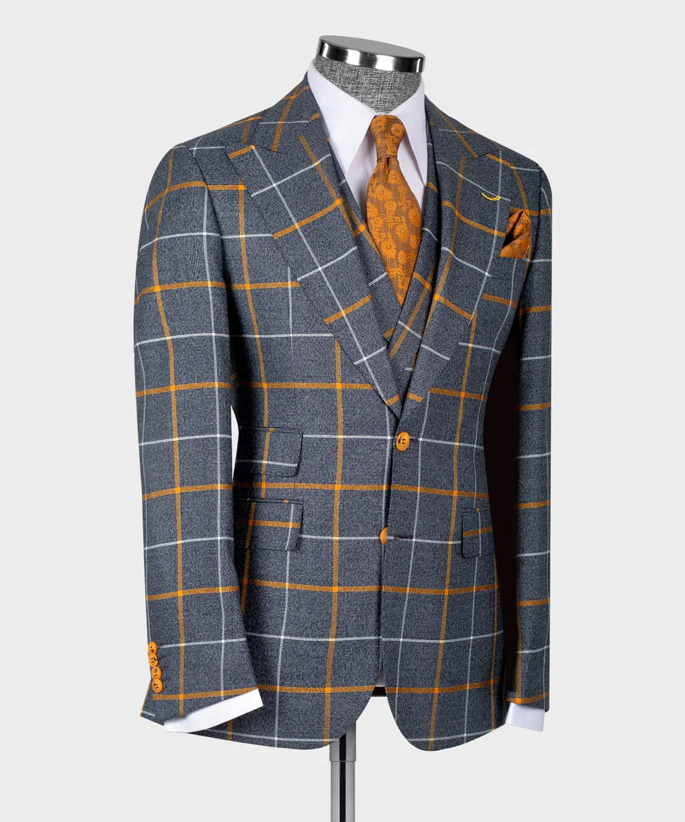 KOSS ATELIER grey orange windowpane suit three piece wool blend blazer and vest with matching orange tie