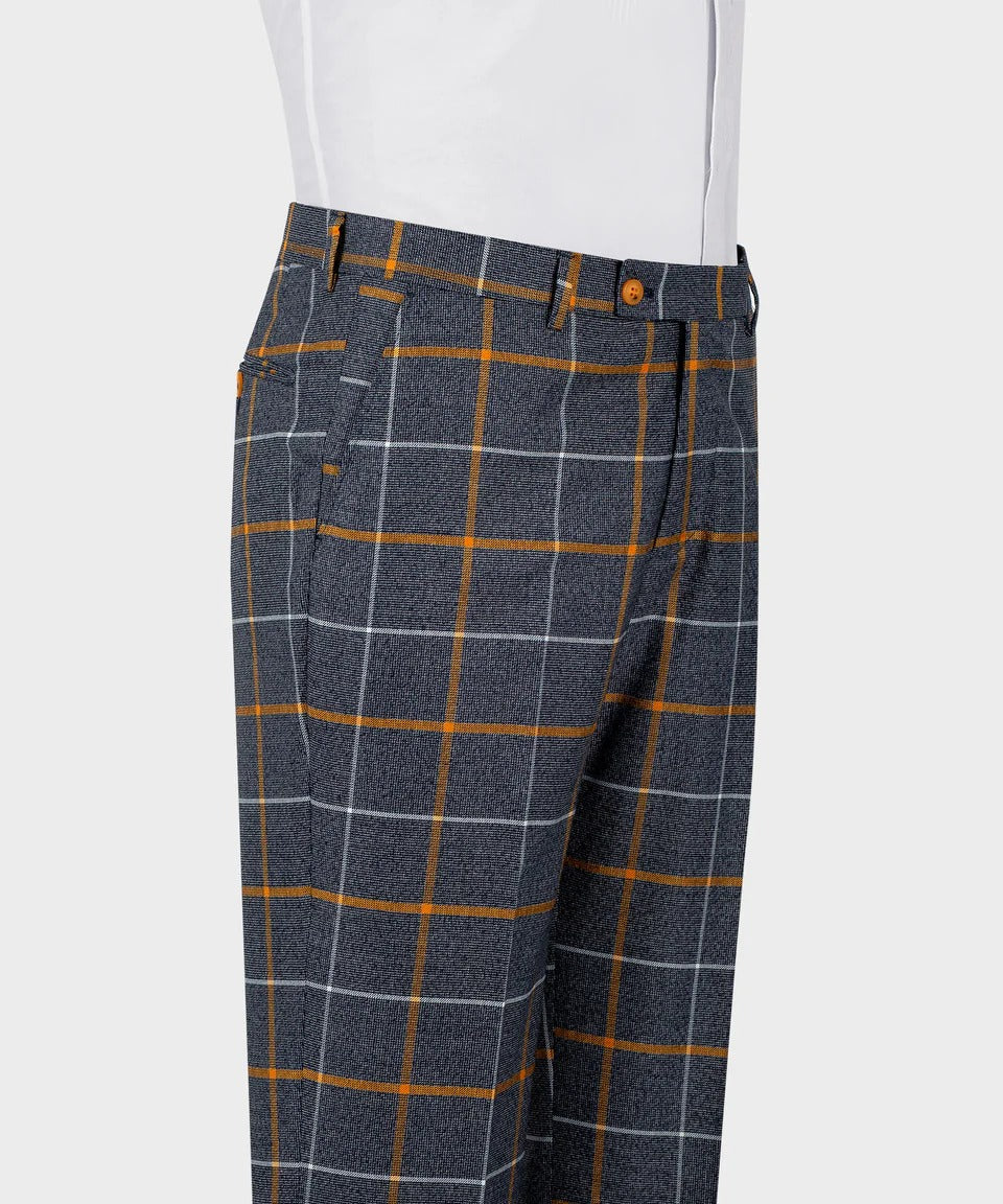 KOSS ATELIER grey orange windowpane suit trousers in tailored wool blend with orange and white grid pattern