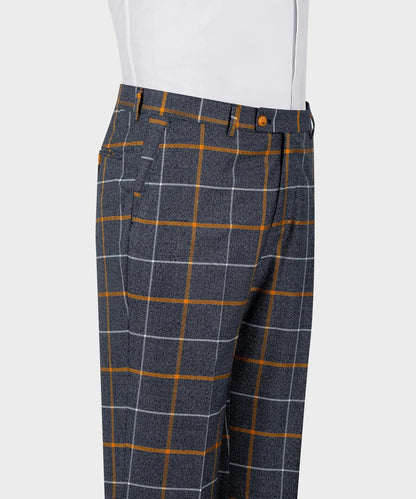 KOSS ATELIER grey orange windowpane suit trousers in tailored wool blend with orange and white grid pattern