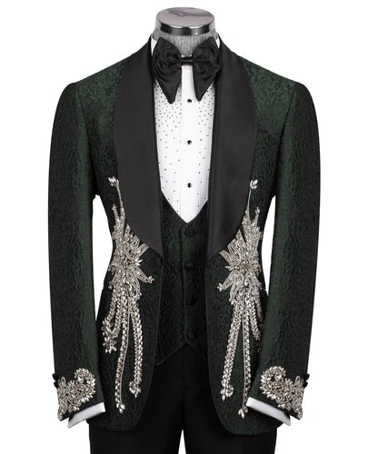 KOSS ATELIER emerald green tuxedo with silver embroidery jacquard fabric shawl satin lapel and beaded embellishments