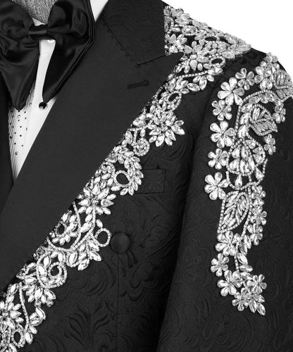 KOSS ATELIER black baroque tuxedo with silver embroidery on textured jacquard shoulder and shawl lapel