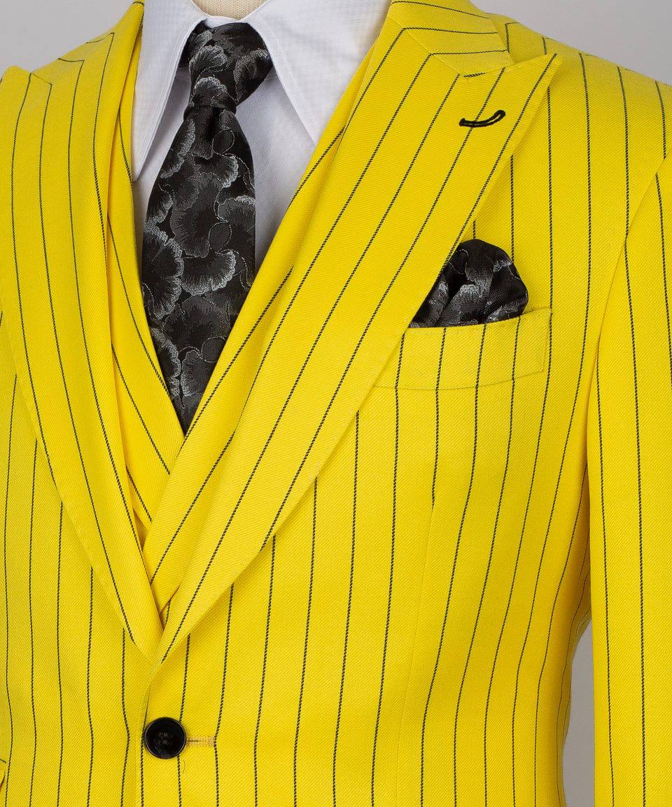 KOSS ATELIER gold pinstripe suit for men jacket with black pinstripes white shirt and black patterned tie