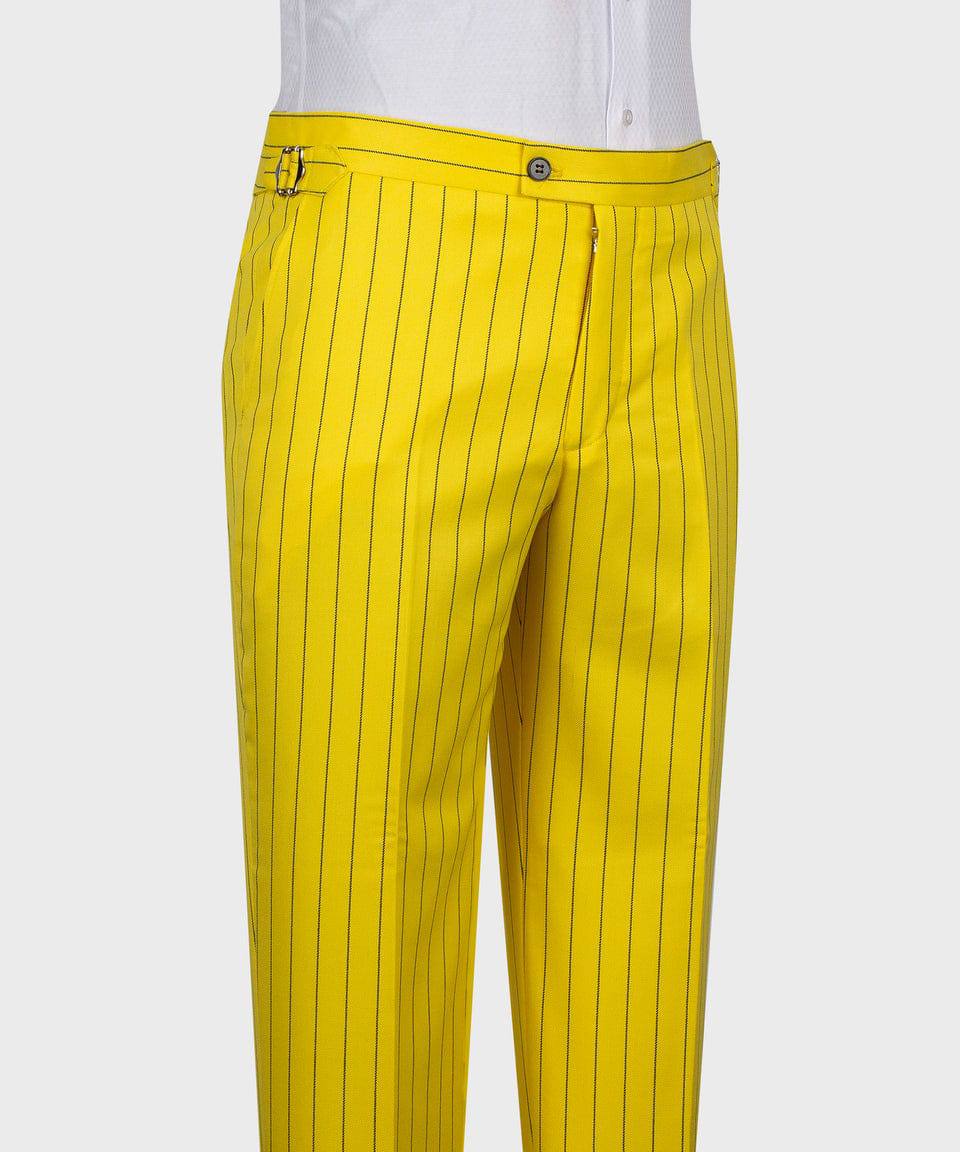 KOSS ATELIER tailored yellow trousers with navy pinstripes and side adjusters gold pinstripe suit for men
