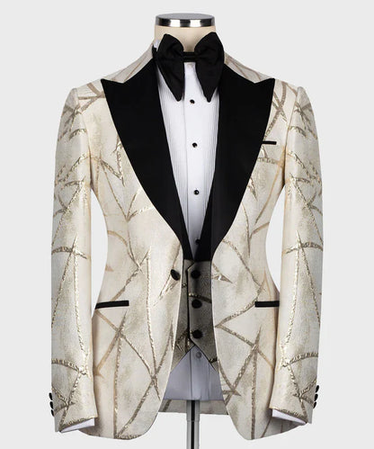 KOSS ATELIER Detailing Tuxedo with black lapels and gold abstract pattern on white fabric