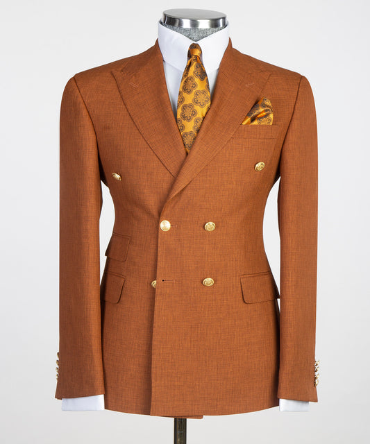 KOSS ATELIER Double Breasted Brown Suit with Elegant Gold Buttons and Matching Accessories