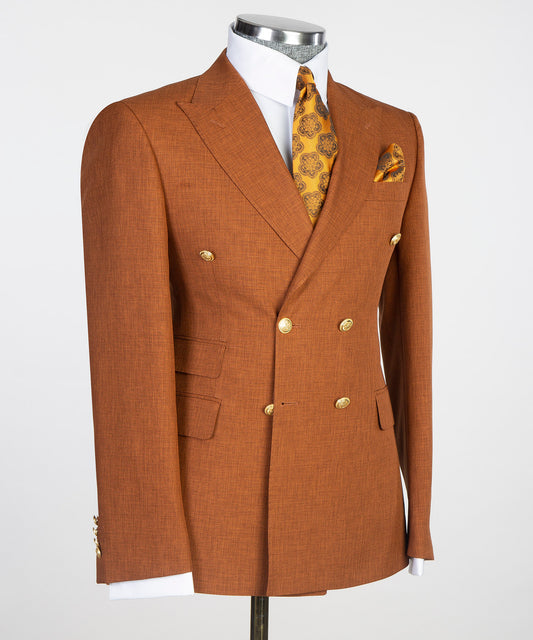 KOSS ATELIER Double Breasted Brown Suit with Gold Buttons and Stylish Pocket Square