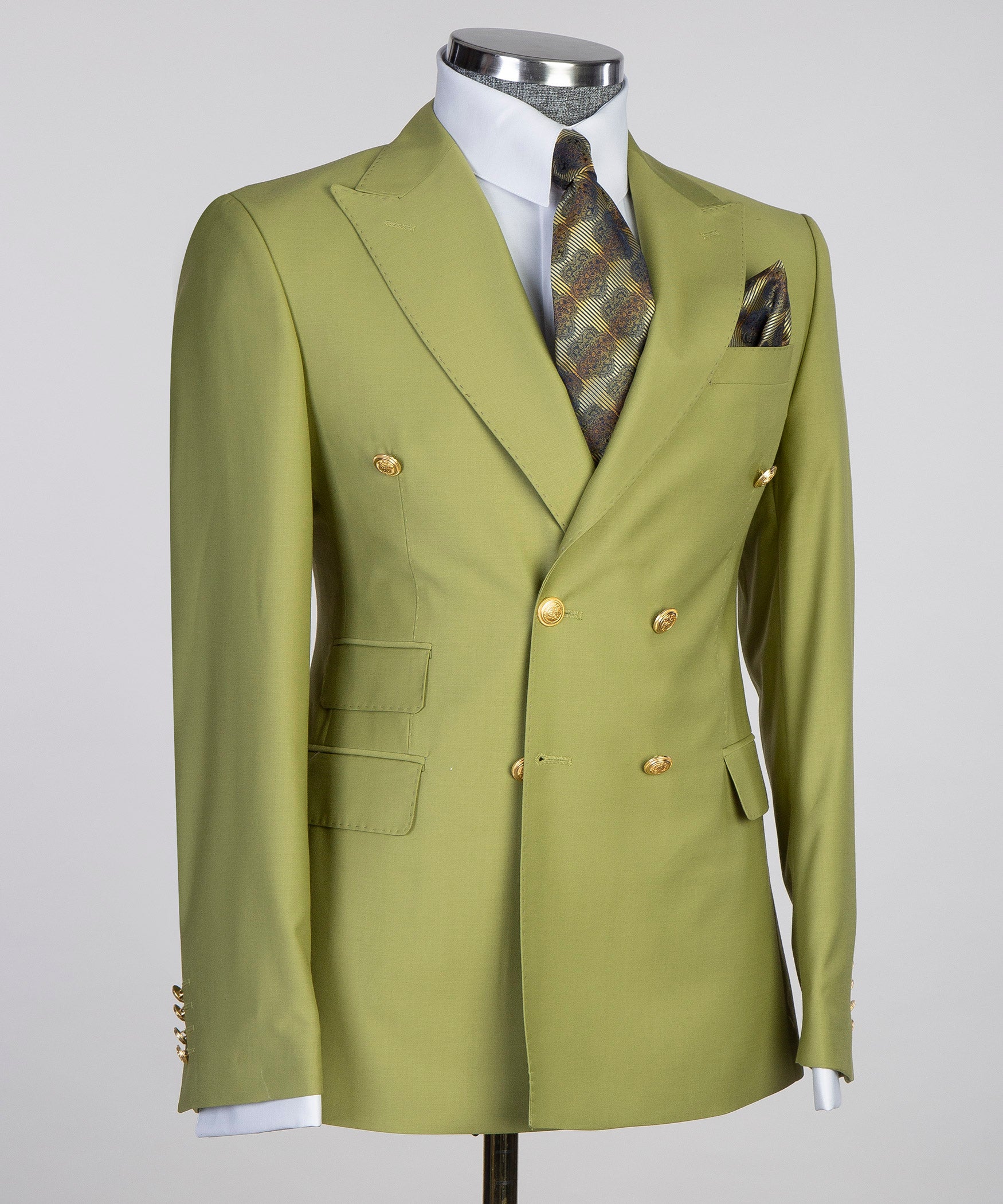 KOSS ATELIER Double Breasted Olive Green Suit with Gold Buttons and Stylish Pocket Square