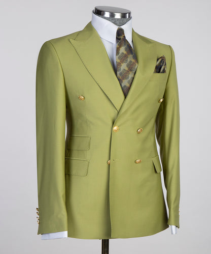 KOSS ATELIER Double Breasted Olive Green Suit with Gold Buttons and Stylish Pocket Square
