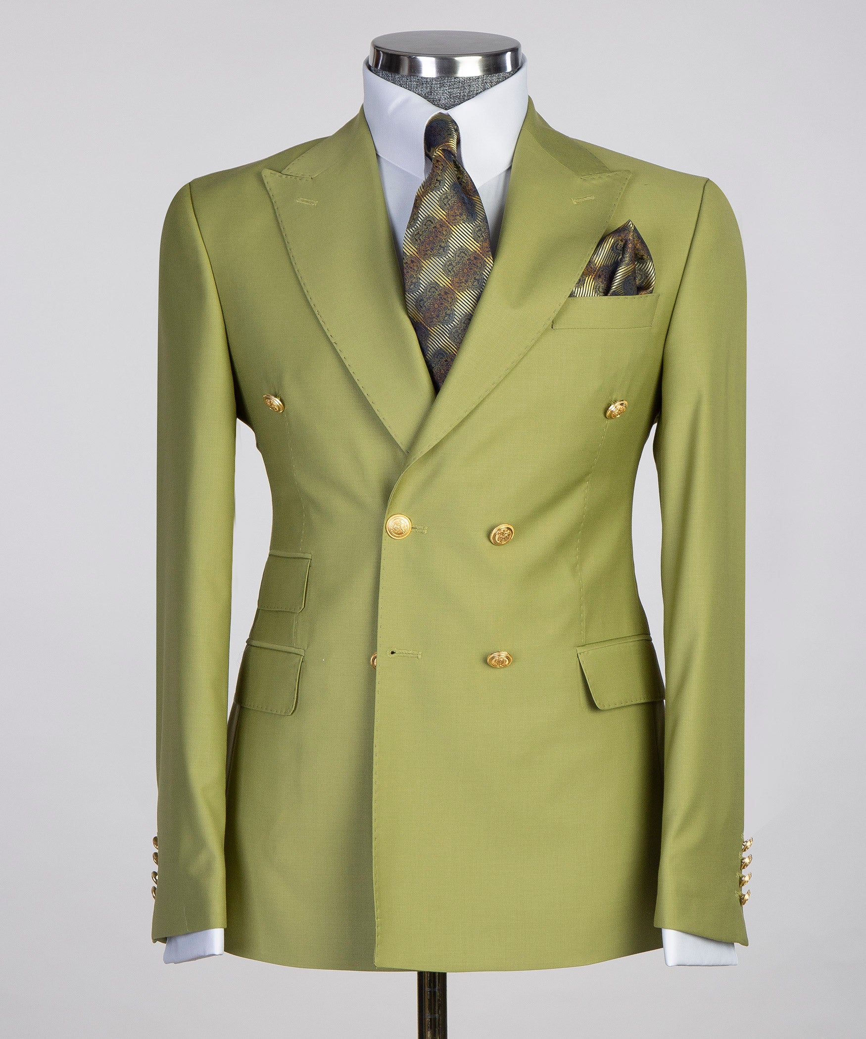 KOSS ATELIER Double Breasted Olive Green Suit with gold buttons and stylish pocket square