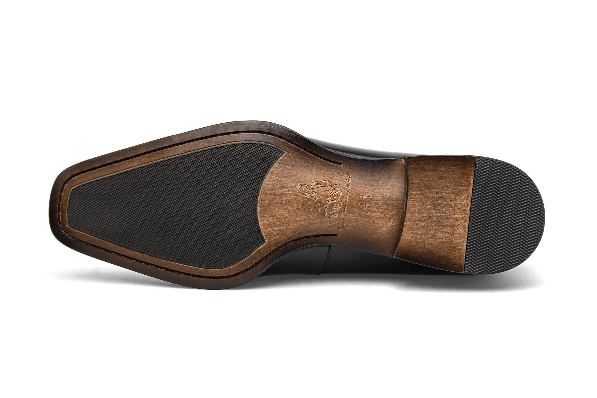 Sole of KOSS ATELIER elegant black Balmoral oxfords with a stylish wooden finish