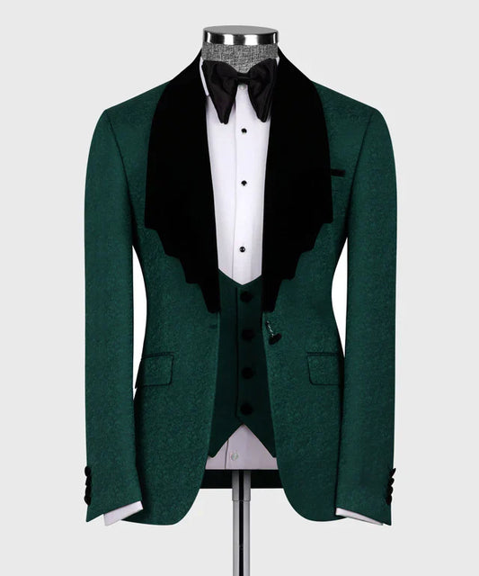 KOSS ATELIER green tuxedo with black collar on mannequin with matching vest and black bow tie