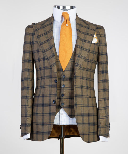 KOSS ATELIER exclusive Brown plaid suit with a stylish vest and orange tie for a sharp look