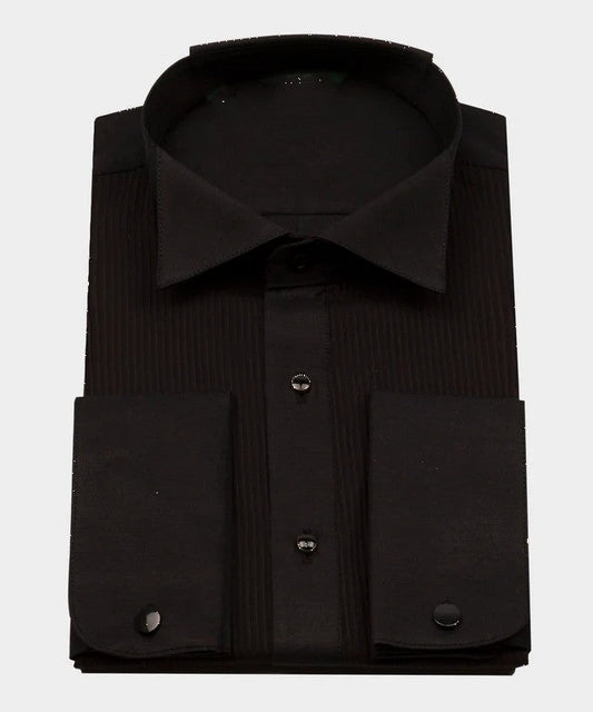 KOSS ATELIER black tuxedo shirt for men folded pleated front double cuff with black studs