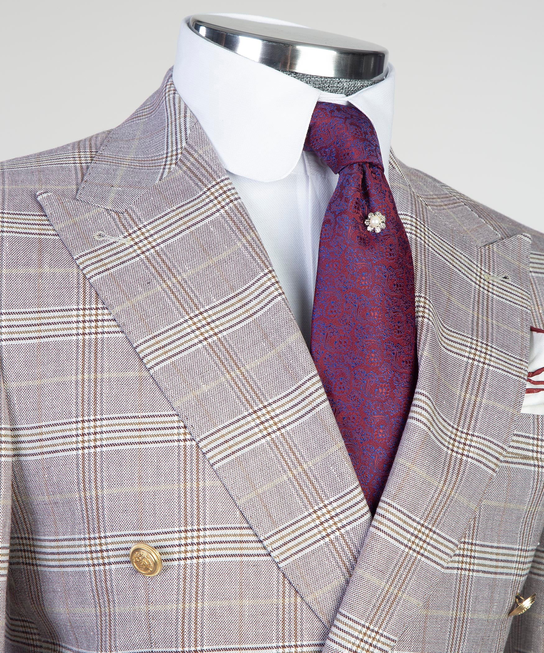 KOSS ATELIER light gray formal double breasted suit featuring a stylish check pattern and elegant purple tie