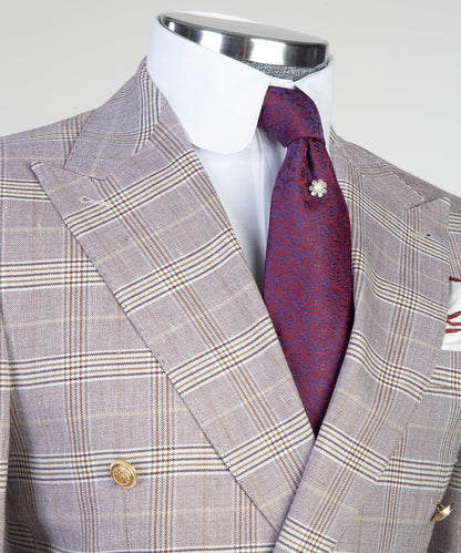 KOSS ATELIER light gray formal double breasted suit featuring a stylish check pattern and elegant purple tie