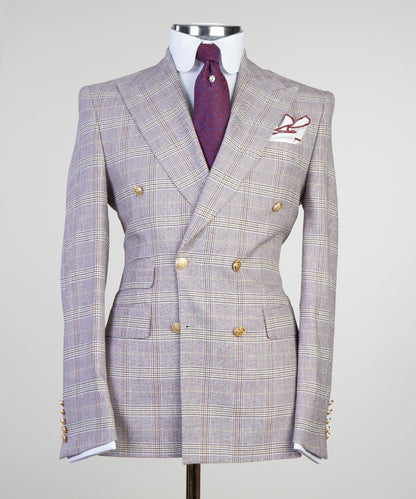 Light gray formal double breasted suit with plaid pattern and gold buttons for stylish occasions