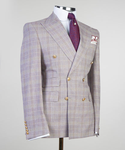 Light gray formal double breasted suit tailored with a checkered pattern and elegant details