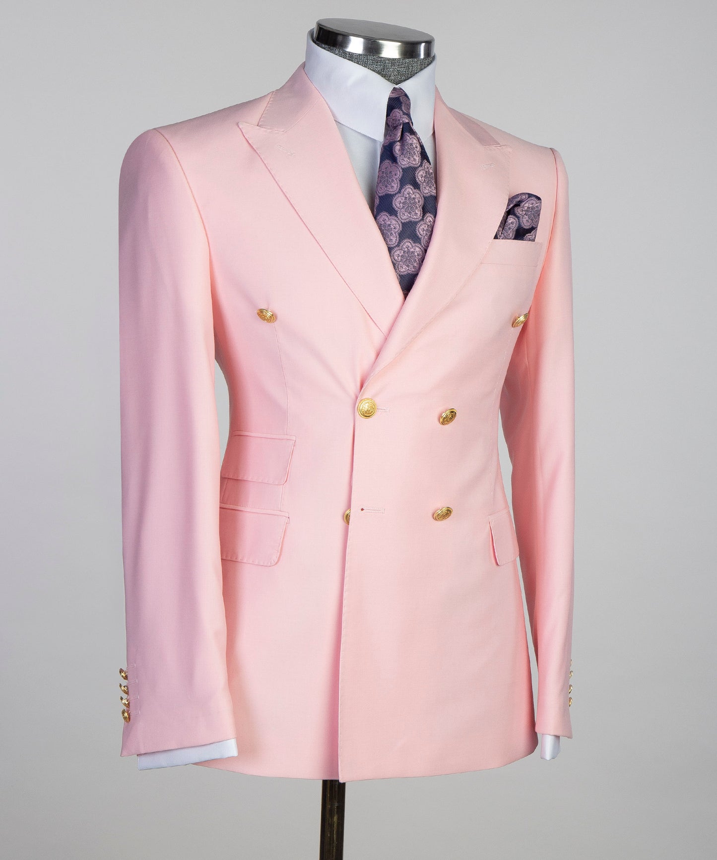 Light pink Double Breasted blazer by KOSS ATELIER with gold buttons and a stylish pocket square