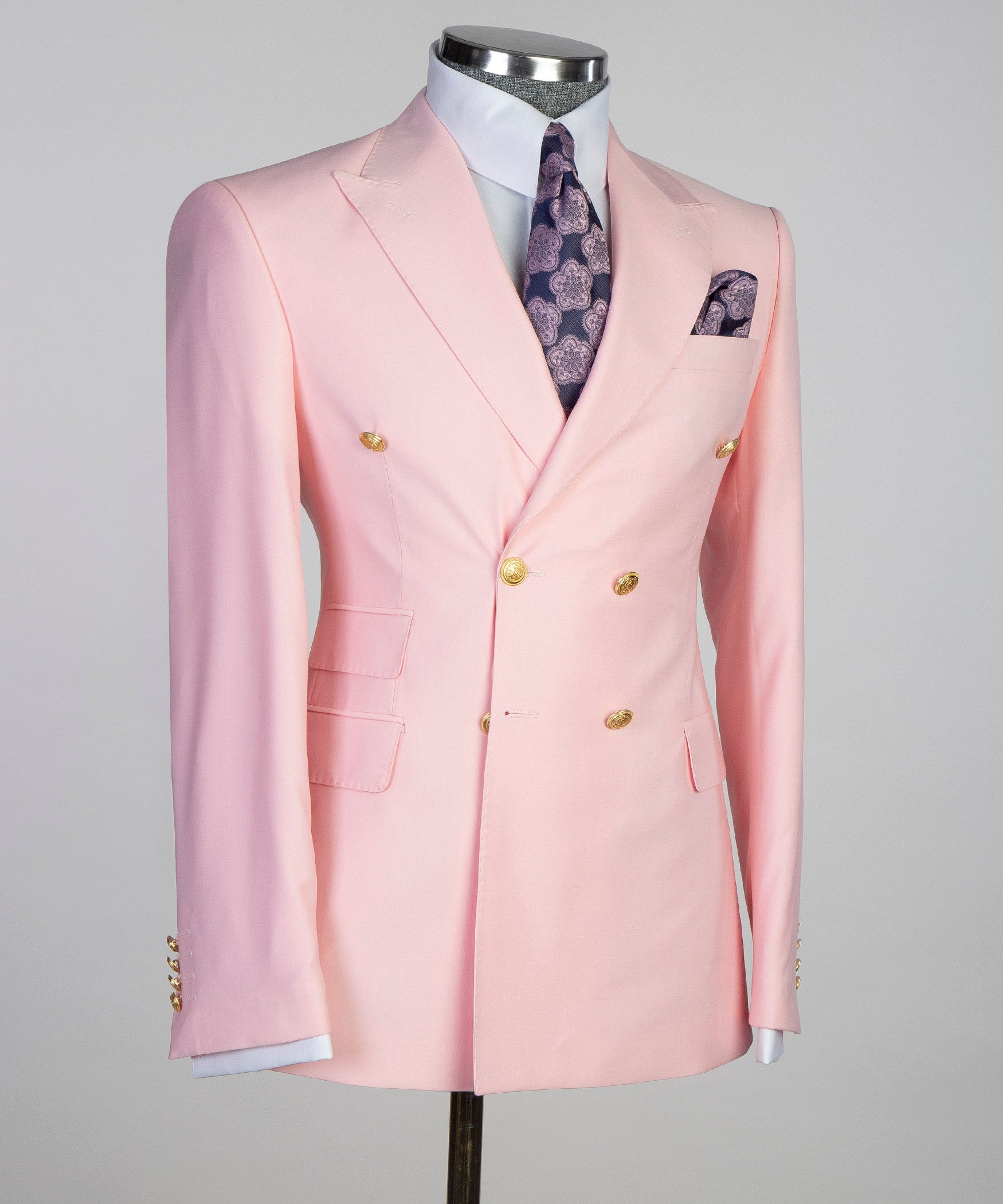 Light pink Double Breasted blazer by KOSS ATELIER with gold buttons and a stylish pocket square
