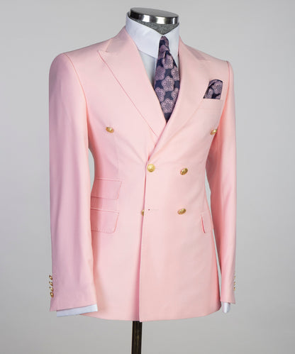 Light pink Double Breasted blazer by KOSS ATELIER with gold buttons and a stylish pocket square