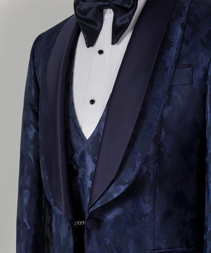 KOSS ATELIER blue tuxedo for men navy jacquard shawl lapel jacket with matching vest white pleated shirt and bow tie