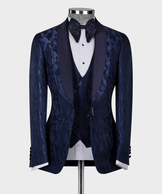 KOSS ATELIER blue tuxedo for men with patterned jacquard fabric shawl lapel vest and bow tie