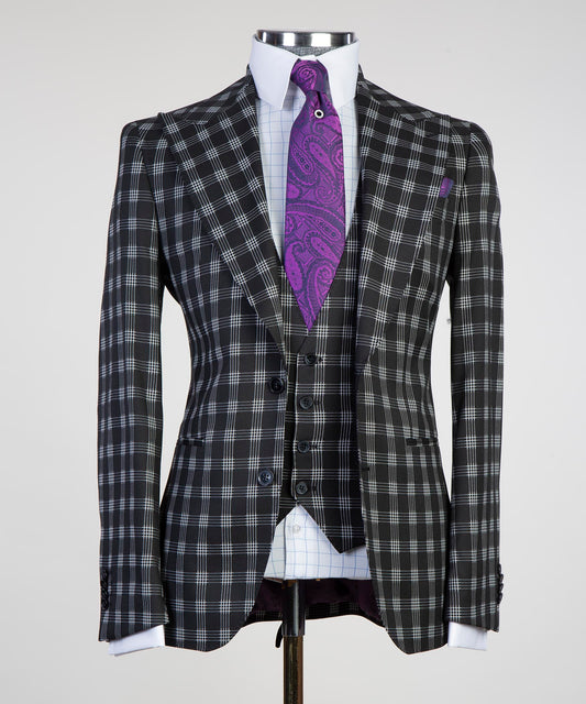 KOSS ATELIER luxury casual plaid suit in black and gray with a stylish purple tie