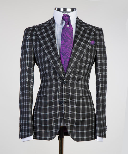 KOSS ATELIER luxury casual plaid suit with bold patterns and a purple tie for a sophisticated look