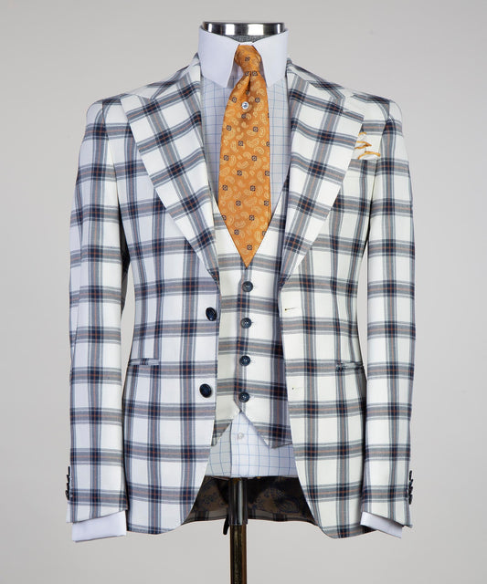 Luxury casual White plaid suit featuring a stylish blazer, waistcoat, and orange patterned tie