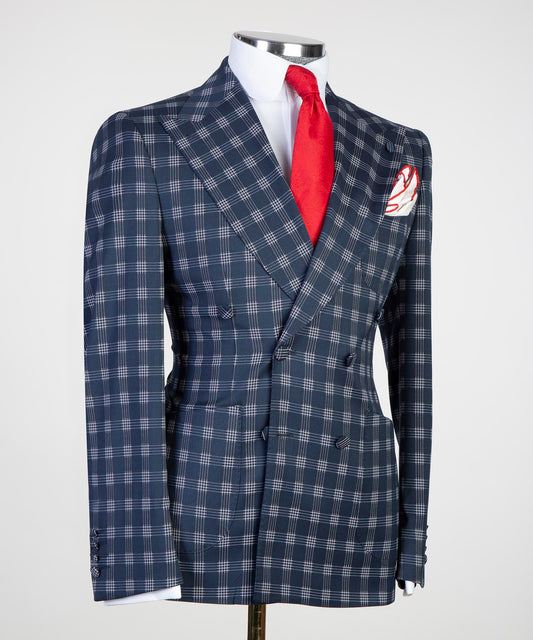 Elegant KOSS ATELIER luxury checkered plaid suit online with red tie and pocket square