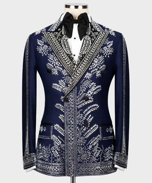 KOSS ATELIER Jewelry Embroidered Blue Tuxedo with intricate silver embroidery and black bow tie