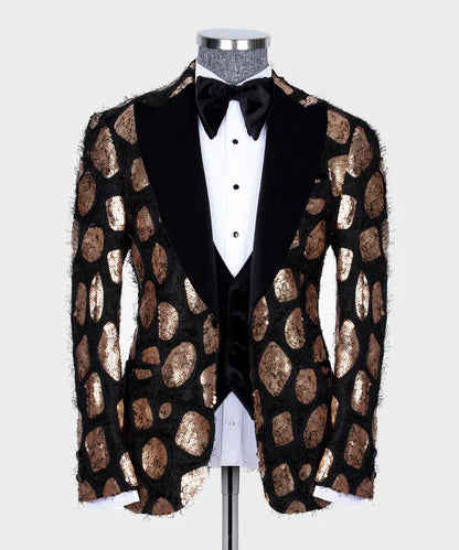 KOSS ATELIER velvet tuxedo copper sequin dot blazer with black velvet peak lapels