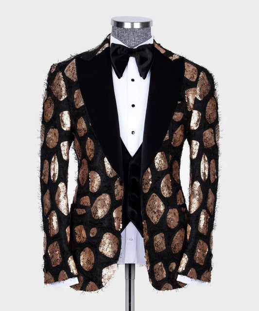 KOSS ATELIER velvet tuxedo copper sequin dot blazer with black velvet peak lapels