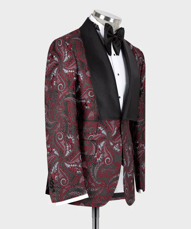 KOSS ATELIER floral rose black tuxedo jacket with black satin shawl lapel white shirt and bow tie on mannequin