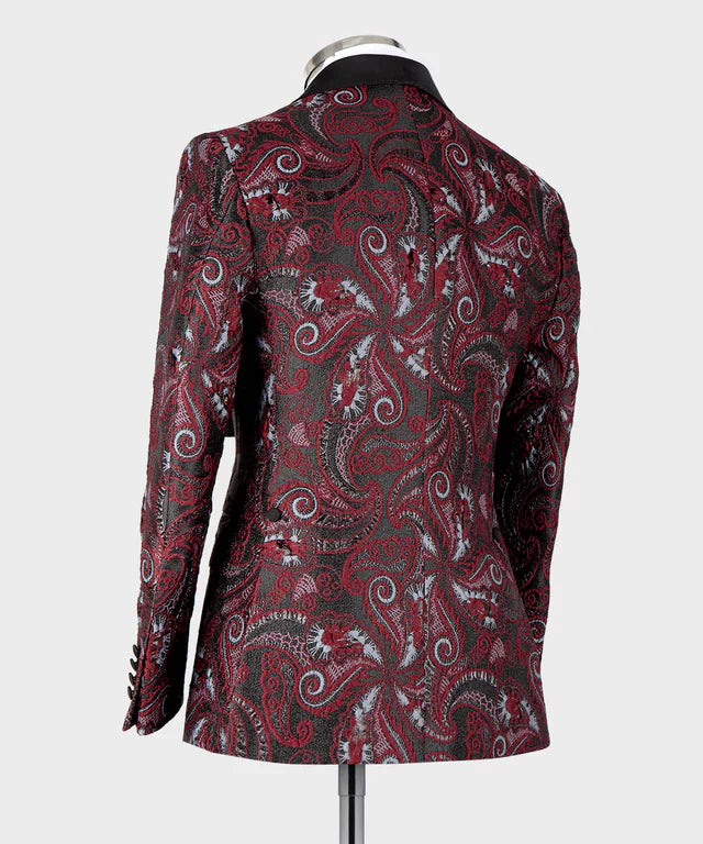 KOSS ATELIER floral rose black tuxedo jacket back view red paisley floral pattern with black collar